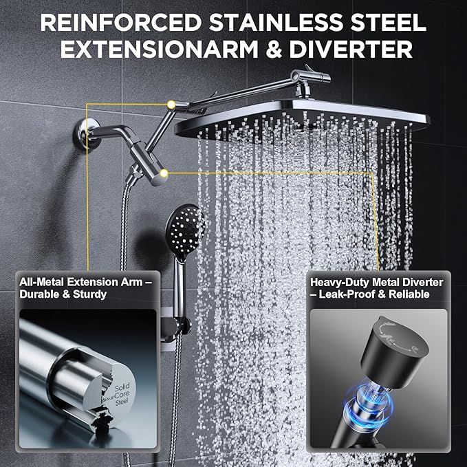 Veken 14" Wide Rain Shower Head with Handheld, High Pressure Handheld Shower with Multi Spray Modes, Rainfall Combo with 15" Metal Extension Arm, Detachable Dual Shower, Bathroom Decor, Chrome Silver