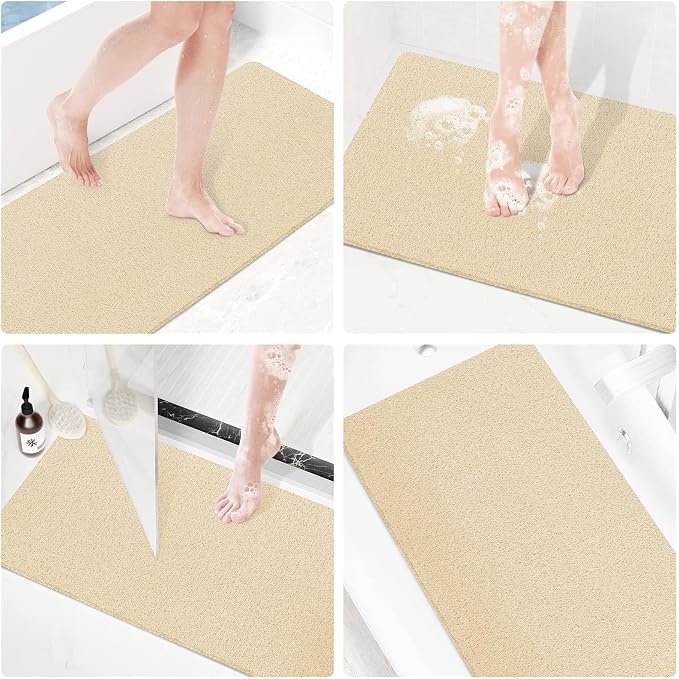 Shower Mat Bathtub Mat Non-Slip,47x16 inch, Soft Tub Mat with Drain,PVC Loofah Bath Mat (Phthalate Free) for Tub and Bathroom,Quick Drying,Khaki