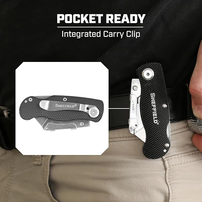 Sheffield Folding Utility Knife, Accepts Standard Utility Knife Blades, Box Cutter Aluminum Handle, Razor Blades Included, For Home, Office, Trades, and Warehouse