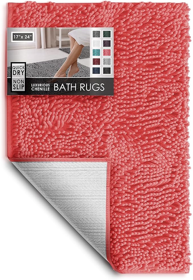 Hearth & Harbor Bathroom Rugs, Chenille Bath Mat - Machine Washable Bath Mats for Bathroom Non-Slip Backing Rubber, Quick Dry Bathroom Mat - Rose Bath Rug, 17x24