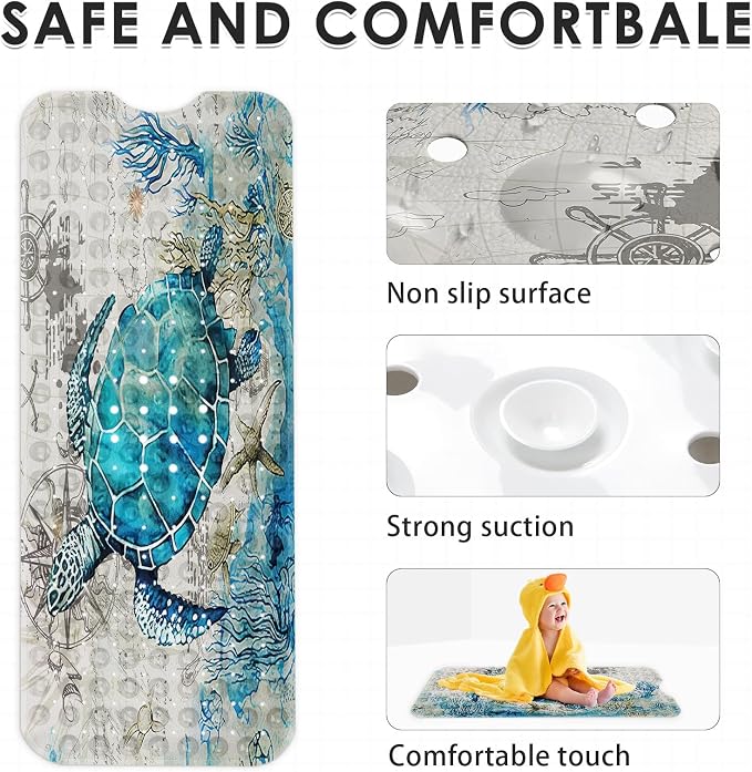 Nesphy Baby Bath Mat for Tub for Kids, Blue Sea Turtle 40 X 16 Inch Extra Long Toddler Bathtub Mat Non Slip, Shower Mat for Tub Anti Slip with Suction Cups and Drain Holes