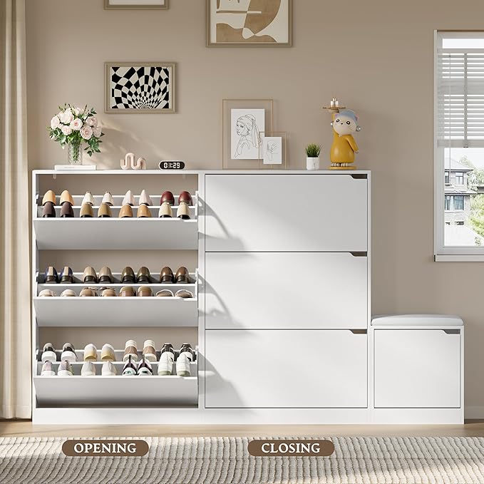 BORNOON Shoe Cabinet with Bench and 3 Flip Drawers, Slim Narrow Shoe Storage Cabinet, Freestanding Shoe Rack Organizer with Adjustable & Removable Shelves, Anti-Tip for Entryway, Hallway, Foyer