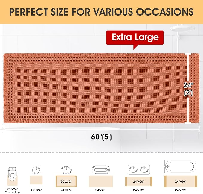 IM HOME Extra Large Waffle Bath Mat, Boho Bathroom Rugs Absorbent Non Slip, Ultra Soft Bathroom Mat, Machine Washable Knit Bath Rugs with Border for Bathroom,Bedroom,Kitchen,Tub, 5'x2', Burnt Orange