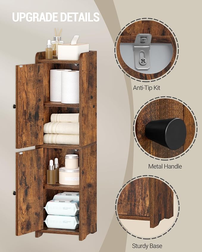 Hzuaneri Bathroom Storage Cabinet, Small Corner Floor Cabinet with 2 Doors and Adjustable Shelf, Narrow Toilet Paper Cabinets, Bathroom Organizer for Small Spaces, 7.9"D x 7.9"W x 29.5"H Rustic Brown