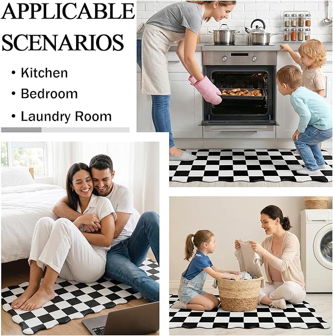 Scalloped Black Checkered Grid Checkerboard Kitchen Rug Sets [2 PCs], Anti-Fatigue, Waterproof Non-Slip Kitchen Mats Heavy Duty Ergonomic Comfort Foam Rug for Floor, Laundry,17"x29"+17"x47"