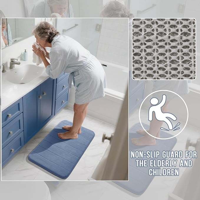 Yimobra Memory Foam Bath Mat Set 2 Piece - Super Soft Absorbent Quick Dry Bathroom Toilet Rugs, Machine Washable Non Slip Floor Carpet for Tub Shower & Single Sink (31.5x20 & 24x20, Denim Blue)