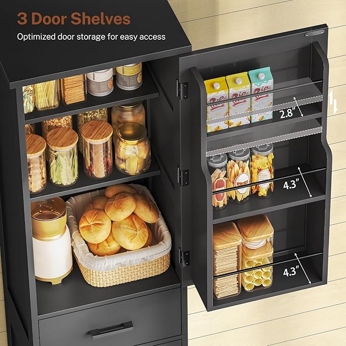 TEENFON Tall Storage Cabinet with 3 Door Shelves & 1 Drawer, Narrow Kitchen Pantry Cabinet for Living Room, Bathroom, Entryway, Black
