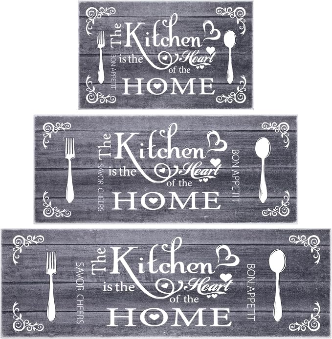 Vaukki Boho Kitchen Rug Sets 3 Pieces, Washable Kitchen Mats for Floor, Non Slip Soft Kitchen Area Rug Floor Mat for Kitchen, Laundry Room and Hallway (Grey, 20''x32''+20''x47''+20''x59'')