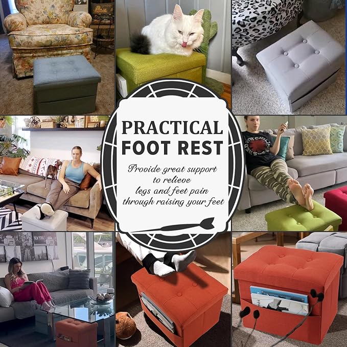 LINMAGCO Small Storage Ottoman Stool Foot Rest Stool Under Desk Stool Short Folding Ottoman Linen Cloth ROSEO 17X13X13IN