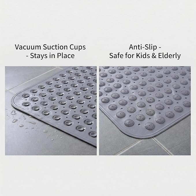 Double-Sided Anti-Slip Bath Tub Mat with Suction Cups and Drain Holes, Textured Surface, Bathtub Rug for Safety and Relaxation, 31.5" x 16" Grey