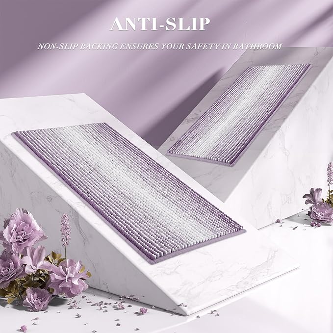 Bathroom Rugs and Mats Sets, 2 Piece Thick Absorbent Chenille Bath Mat Rug Set Non Slip, Soft Shaggy Bath Room Floor Mats for Bathroom, Machine Washable (Lavender Purple, 20" x 60" Plus 20" x 32")