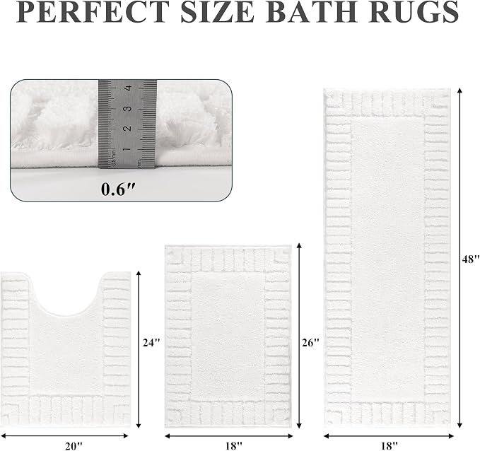 Pauwer Bathroom Rugs Sets 3 Piece Bathroom Shower Rugs with U-Shaped Contour Toilet Mat Absorbent Microfiber Plush Bath Mats Non Slip Bath Rug Machine Washable Shaggy Bath Mat Set, White
