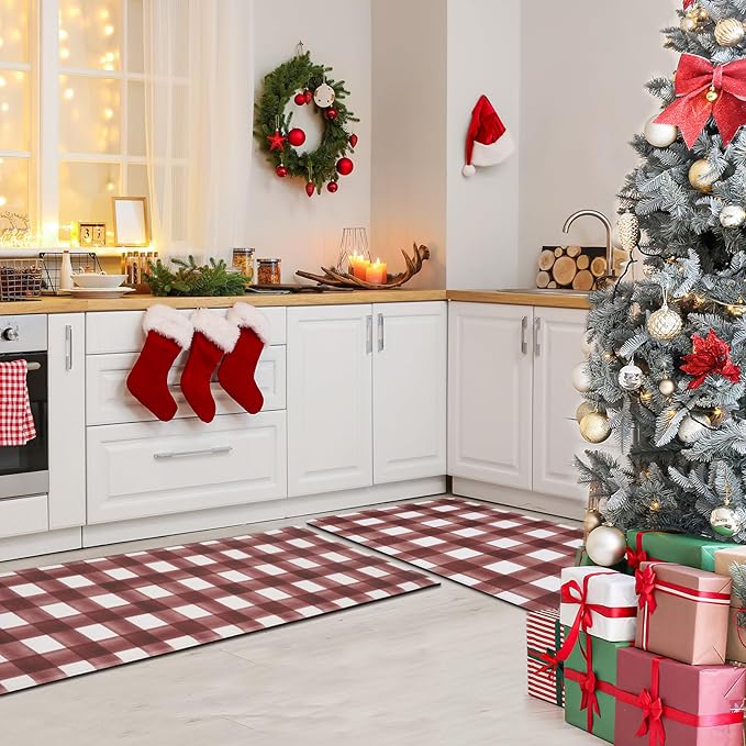 FRESHMINT Modern Farmhouse Plaid 2 Piece Set Kitchen Mats for Floor Anti Fatigue Waterproof & Non-Skid Kitchen Rugs Cushioned Kitchen Mat for Standing Washable Comfort Desk Kitchen Runners
