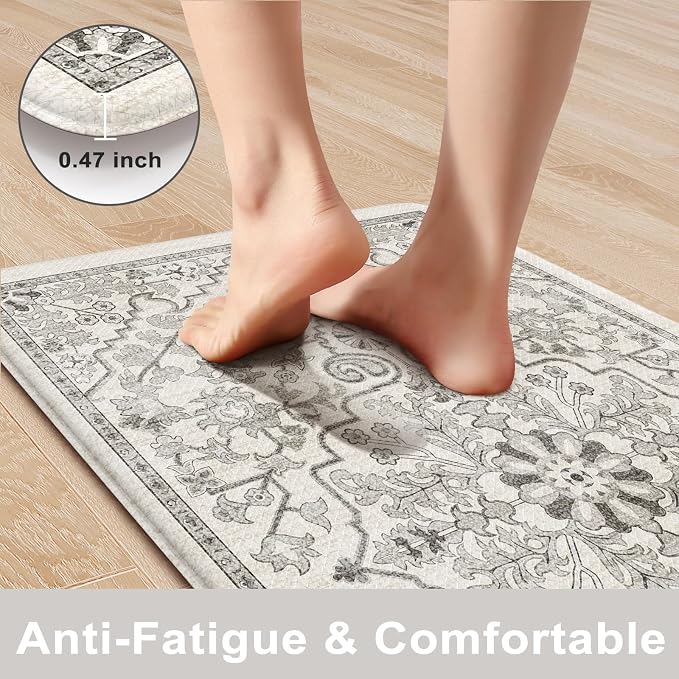 KIMODE Anti Fatigue Kitchen Mats for Floor 2 Piece, Cushioned Boho Distressed Kitchen Rugs, Memory Foam Kitchen Floor Mats, Summer Standing Desk Mats for Laundry Office Sink Grey 20"x59"+20"x32"