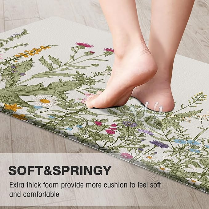 MAYHMYO Anti Fatigue Kitchen Mat for Floor Set of 2 Colorful Floral Plants Cute Vintage Comfort Mats Cushioned Non Slip Waterproof Kitchen Rugs Standing Kitchen Mats for Floor House Sink Office