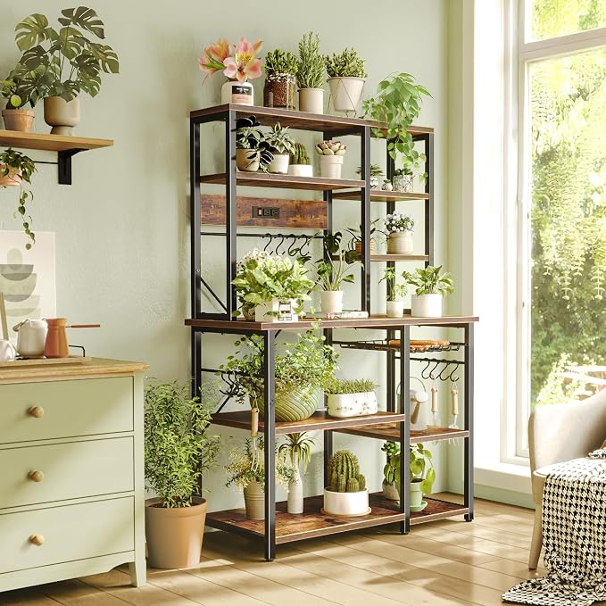 SUPERJARE Large Bakers Rack with Power Outlets, 6-Tier Microwave Stand, Coffee Bar with 12 S-Shaped Hooks, Kitchen Shelf with Wire Basket, 39.4 x 14.6 x 66.9 Inches, Rustic Brown