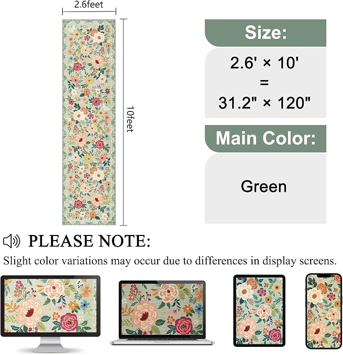 DUKINO Runner Rug for Hallway, 2.6x10 Washable Floral Long Kitchen Rug with Non Slip Backing, Boho Lightweight & Stain Resistant Soft Runners for Indoor Entrance, Laundry, Living Room, Bedroom, Green