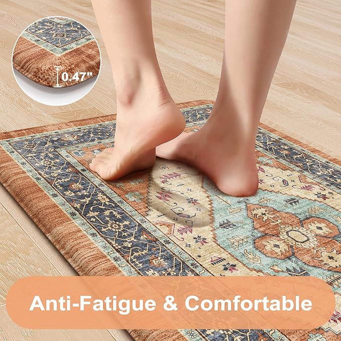KIMODE Anti Fatigue Kitchen Mat 20"x47"+20"x32", Boho Distressed Kitchen Rugs Sets of 2, Kitchen Mats for Floor Cushioned Non Slip, Comfort Kitchen Floor Mats for Sink, Laundry, Desk Orange
