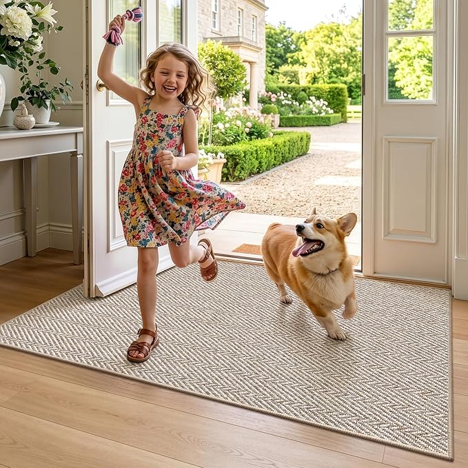 LUMI Ultra Thin Indoor Door Mat for Entrance 24"x36", Non Slip Entryway Mat, Low Profile Doormat, Unique Herringbone Design Carpet for Inside, Patio, Porch, Beige