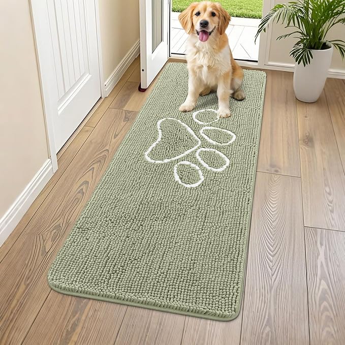 Smiry Dog Door Mat for Muddy Paws, Absorbent Dirt Trapper Non Slip Quick Dry Washable Chenille Mat for Mud Dogs, Entry Rug for Indoor and Outdoor (59x24 Inches, Sage Green and White)