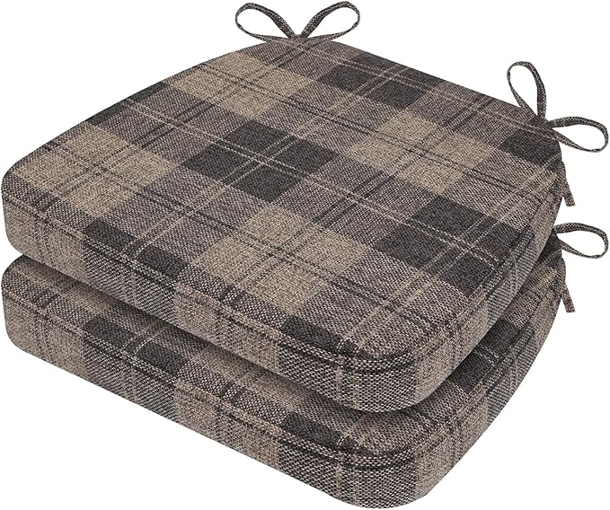 AAAAAcessories D-Shaped Chair Cushions, 2" Thick Dining Chair Pads with Ties and Removable, Machine-Washable Cover, 17" x 16", Set of 2, Brown Checkered