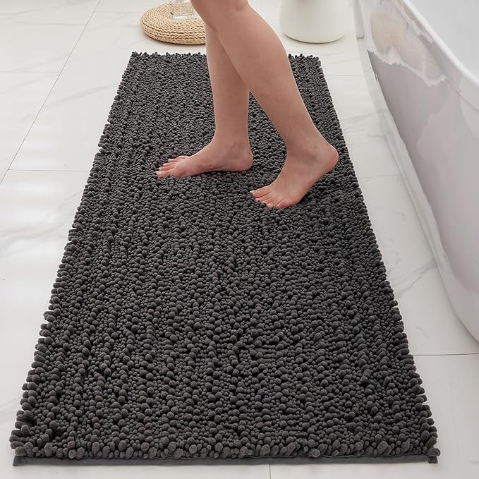 Bathroom Rugs Non Slip Washable 60x24, Extra Thick Soft Chenille Absorbent Bath Mat, High Density Barrier Non Slip Backing, Quick Dry Plush Shaggy Floor Carpet for Tub&Shower, Darkgrey