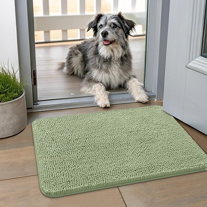 Smiry Dog Door Mat for Muddy Paws 24x16, Absorbent Dirt Trapper, Non-Slip Washable Chenille Entryway Rug for Inside Floor, Sage Green, Classic Solid