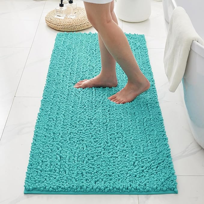 Bathroom Rugs Non Slip Washable 44x24, Extra Thick Soft Chenille Absorbent Bath Mat, High Density Barrier Non Slip Backing, Quick Dry Plush Shaggy Floor Carpet for Tub&Shower, TealBlue