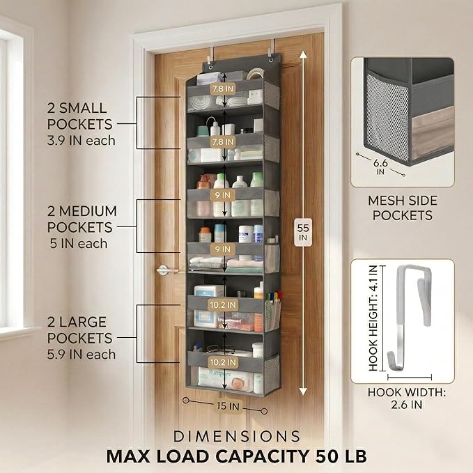 HOMELUX THEORY UPGRADED 6 Tiers Over The Door Organizer Hanging - 100D EXTRA THICK & 50lbs HUGE CAPACITY, 12 Side Mesh Pockets Over The Door Shoe Organizer, Hanging Closet Organizer (Dark Gray, 2pc)