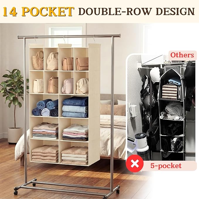 Ofiray-home 5 Tier Hanging Closet Organizer, 14 Compartments Sweater Organizer for Closet with 3 Sturdy Hooks, Closet Organizers and Storage, Wardrobe, Rv, Garment Rack, Beige
