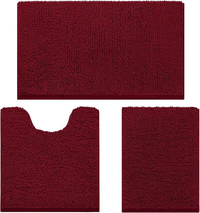 HOMEIDEAS 3 Pieces Bathroom Rugs, Ultra Soft Non Slip Absorbent Chenille Toilet Bath Mat Set (Burgundy)