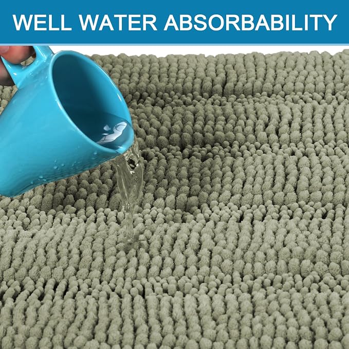 H.VERSAILTEX Bathroom Rug Sets 2 Piece Bath Mats Non Slip Thick Soft Chenille Striped Bath Rug achine Washable Shower Floor Rugs for Tub, Shower and Floor (Eucalyptus Green, 47" x 17"/17" x 24")