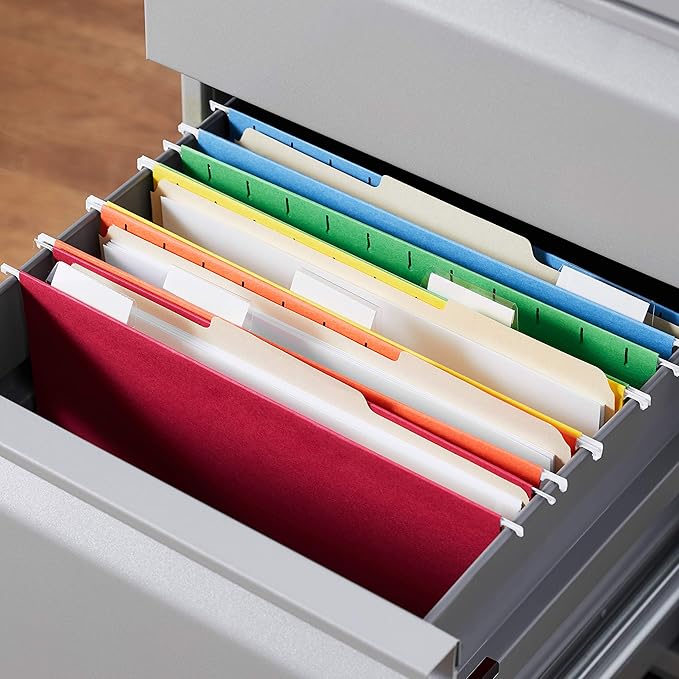Amazon Basics Hanging File Folders with Adjustable Tabs, Sturdy Expandable Document Organizer, Letter Size, Assorted Colors, 25-Pack