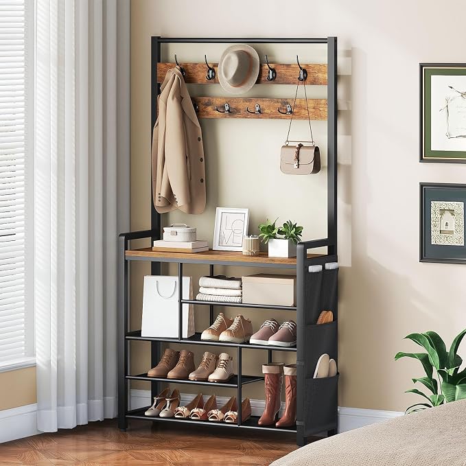 HOOBRO Hall Tree with Bench, Shoe Rack with Coat Rack, Coat Rack with Shoe Storage, 5 Tier Shoe Storage Organizer with Oxford Fabric Side Pockets, Coat and Shoe Rack Entryway, Rustic Brown BF45MT01