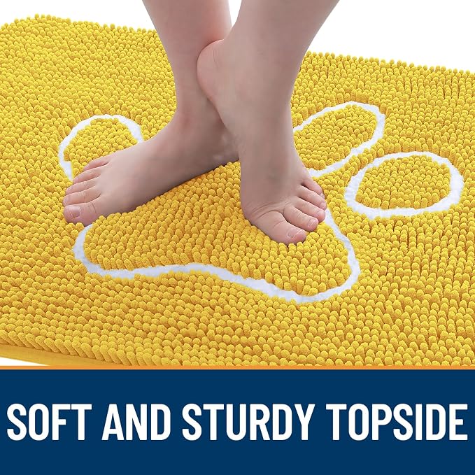 OLANLY Dog Door Mat for Muddy Paws 36x24, Paw Print Design, Absorbs Moisture and Dirt, Absorbent Non-Slip Washable Doormat, Quick Dry Chenille Mud Mat for Dogs, Entry Indoor Entryway Carpet, Yellow