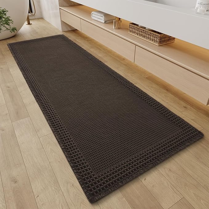 RESARE Waffle Bathroom Runner Rugs, Super Absorbent Bath Mat Non Slip Washable Quick Dry, Upgraded Ultra Soft Boho Bath Rugs with Tassels, Farmhouse Home Decor Accessories, 2'x5'(24"x60") Chocolate