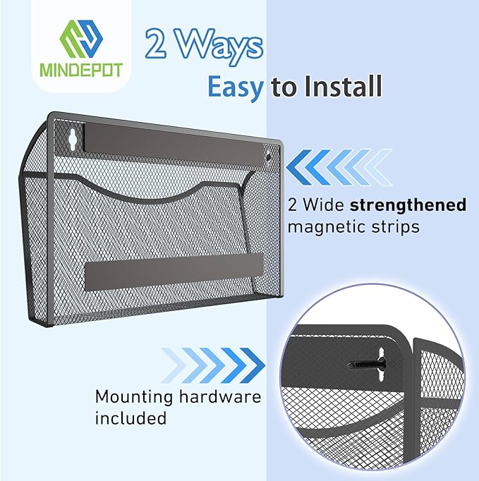 MINDEPOT Magnetic Wall File Holder - Metal Mesh Wall File Organizer with Powerful Magnet Single Pocket Wall Folder Holder for Office File Cabinet Whiteboard, No Assembly Required, Space Saver, Black
