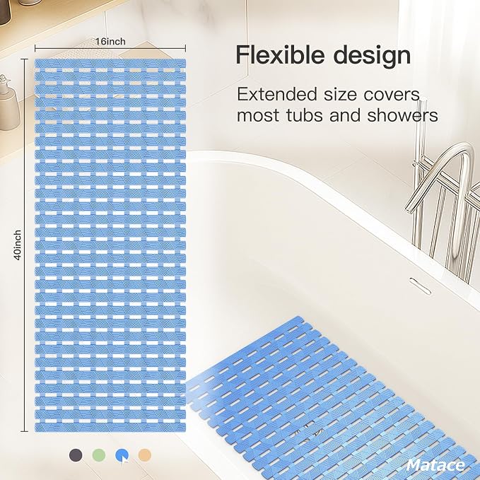 Bathtub Mat Non Slip - for Inside Bath Tub & Shower, Large 40x16 Inch, 261 Strong Suction Cups, Soft Textured Surface, Fast Drain & Quick Dry, Bathroom Safety Mat, Pastel Blue, Matace