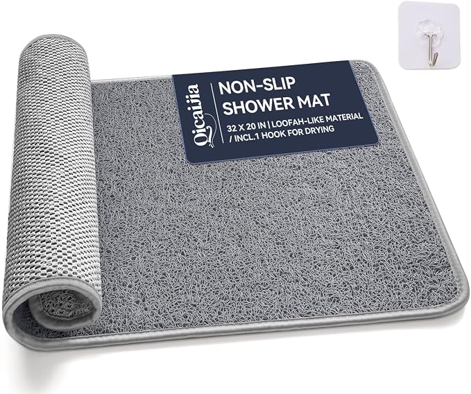 Non Slip Shower Mat Bathtub Mat 20x32 Inch, Quick Dry Bath Mat with Drain, Soft PVC Imitation Loofah Foot Scrubber Bath Mats for Bathroom Tub Shower Floor, Hangable & Hook Included, Gray