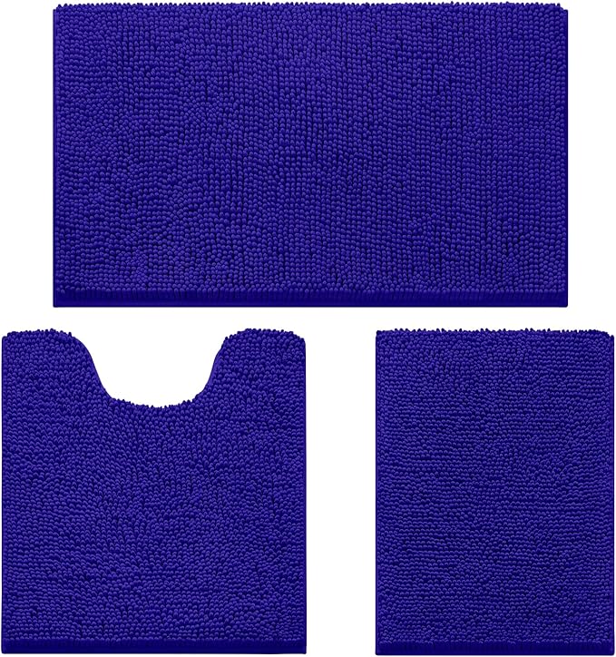 HOMEIDEAS 3 Pieces Bathroom Rugs, Ultra Soft Non Slip Absorbent Chenille Toilet Bath Mat Set (Royal Blue)