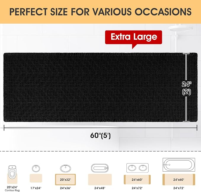 IM HOME Extra Large Waffle Bath Mat, Boho Bathroom Rugs Absorbent Non Slip, Ultra Soft Bathroom Mat, Machine Washable Knit Bath Rugs with Herringbones for Bathroom, Bedroom, Kitchen, 5'x2', Black