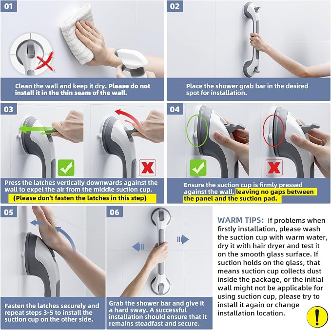 Grab Bars for Bathtubs and Showers 2 Pack Shower Handle, Heavy Duty Suction Grab Bar Bath Handrails for Seniors and Elderly, Bathroom Safety Grip No Drilling Waterproof Removable, Grey