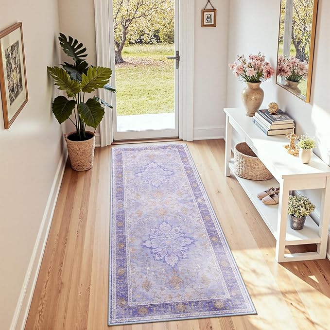 RELEANY Area Rugs Runner 2'x5' Washable Non-Slip, Floral Vintage Distress Medallion Carpet for Kitchen Hallway Bedroom Beside Laundry Room Bathroom, Light Purple Brown