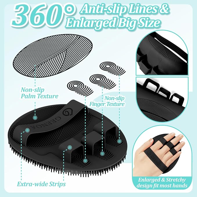 Silicone Back/Body/Face Scrubber & Lymphatic Contour Face Brush Set 4PCS, 13.4'' Soft Back Scrubber, 360° Anti-Slip Bath Glove, Unique Side-bristled Face Scrubber for All-Round Cleaning(Black)