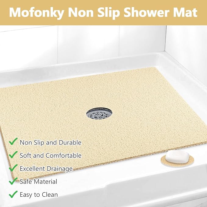 Shower Mat Non Slip: 32 x 24 Inch Extra Large Shower Mats with Drain Hole in Middle - Soft Loofah Quick Drying Matt for Shower Stall