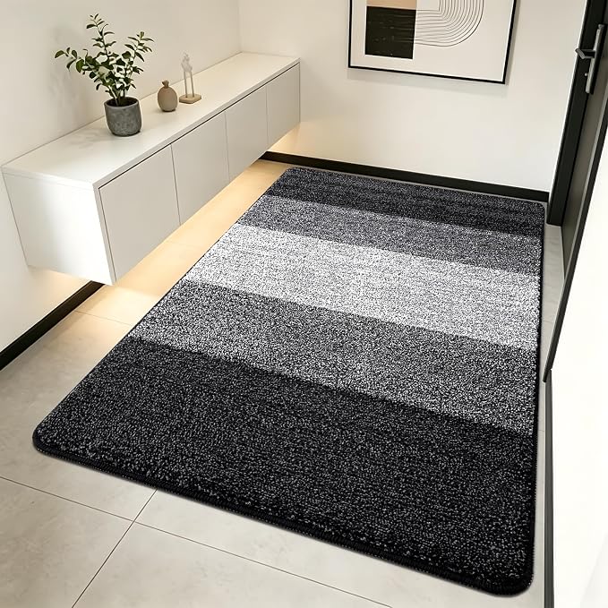 Kitinjoy Indoor Outdoor Door Mat, 70x35 Non-Slip Absorbent Dirt Trapper, Low-Profile Washable Inside Entrance Front Floor Mat, Sturdy Soft Entry Doormats for Entryway, Black