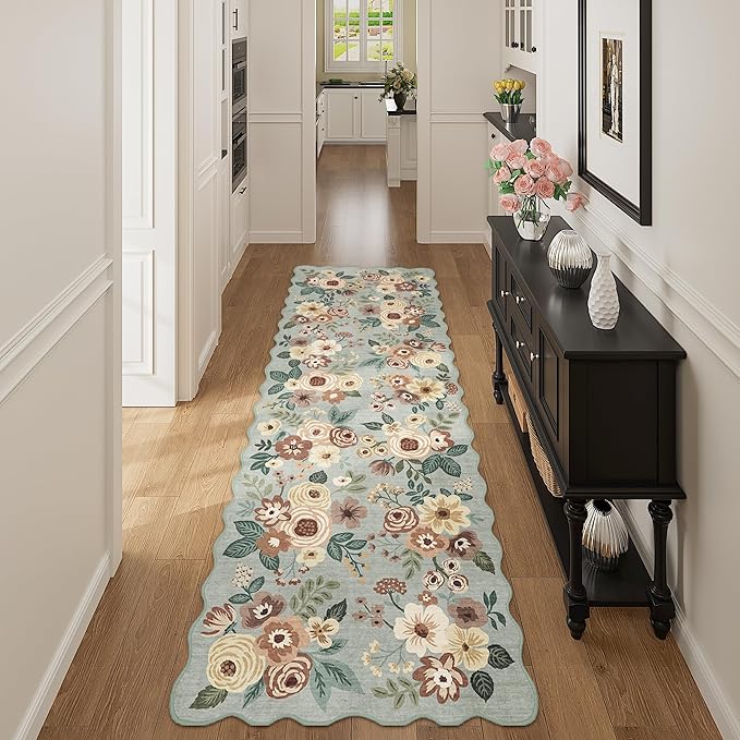 DUKINO 2.6x8 Runner Rug for Hallway, Washable Kitchen Rug with Non Slip Backing & Non-Shediing, Soft Low Pile Floral Design Runner for Bedroom, Kithchen, Living Room, Laundry, Bathroom, Sage Green