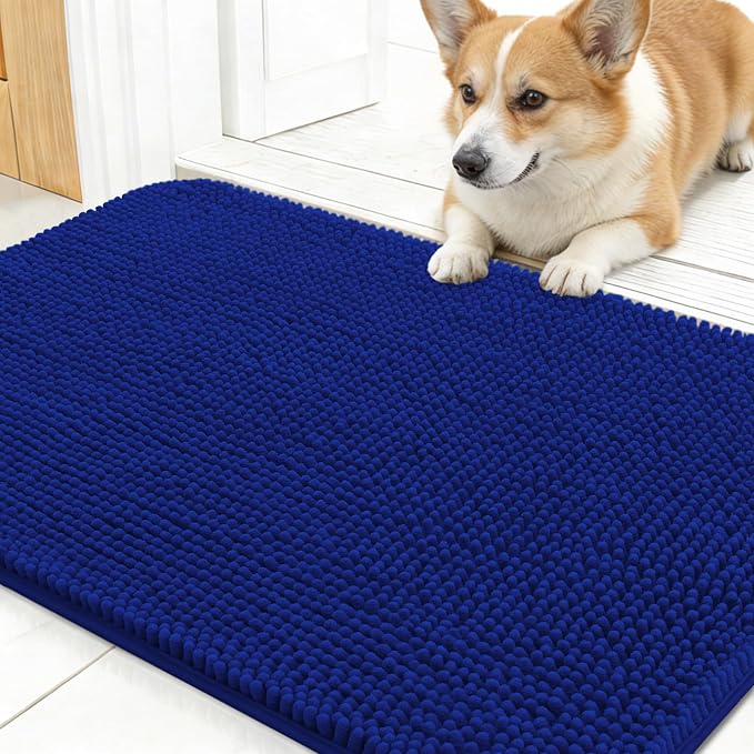OLANLY Dog Door Mat for Muddy Paws 30x17, Absorbs Moisture and Dirt, Absorbent Non-Slip Washable Doormat, Quick Dry Chenille Mud Mat for Dogs, Entry Indoor Entryway Carpet for Inside Floor, Royal Blue