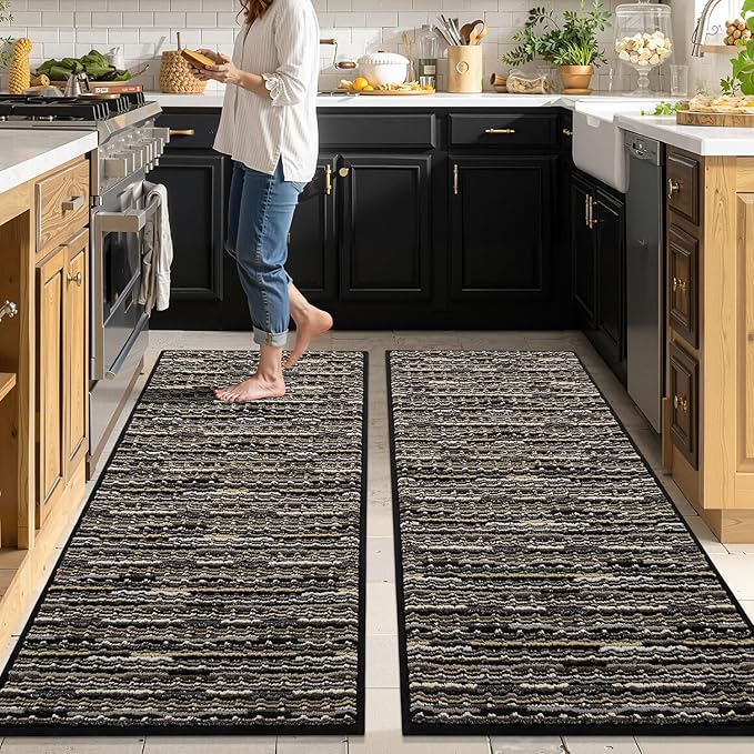 Kitchen Rugs Sets of 2-Non Slip Kitchen Mats for Floor-Thick Stain Resistant Vintage Kitchen Floor Mat Runner Carpet for Hallways Entryway Laundry Room Washable（Black 20"x47"+20"x47"）