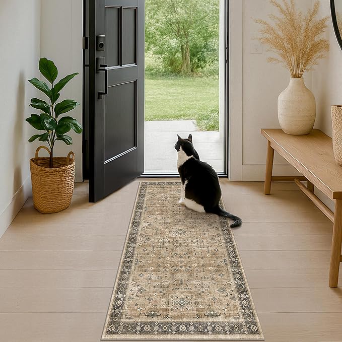 Soft Taupe 2x5 Indoor Entryway Floor Mat, Small Runner Rug for Mudroom Kitchen and Bathroom, Non-Slip Low-Pile Washable Stain Resistant, Vintage Natural Earthy Décor